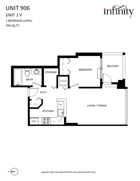 Floor plan for 1 bed, 1 bath